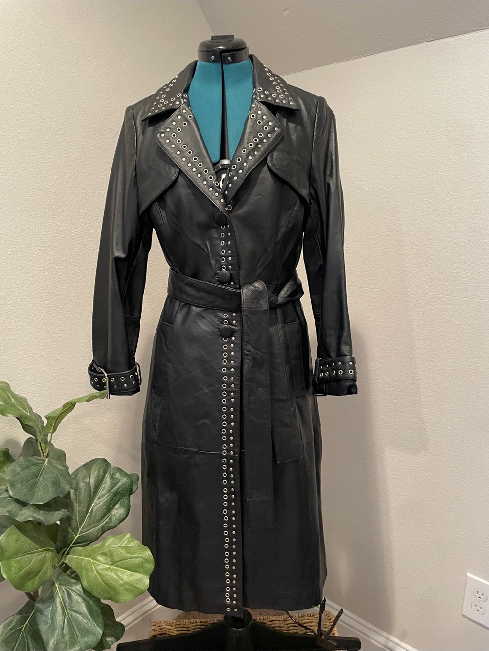 Black Grommet-Trim Leather Trench Coat